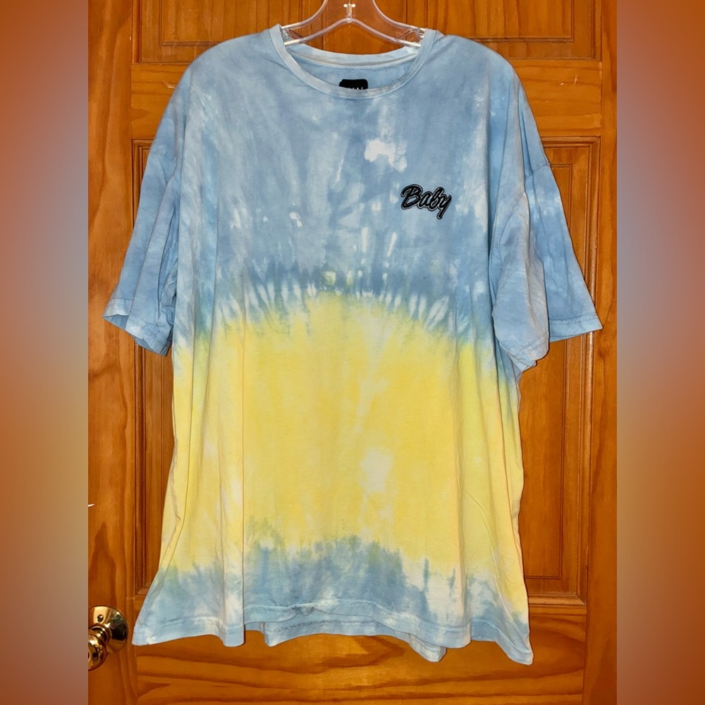 BoohooMAN x DaBaby tie dye Baby embroidered logo shirt blue yellow size Large